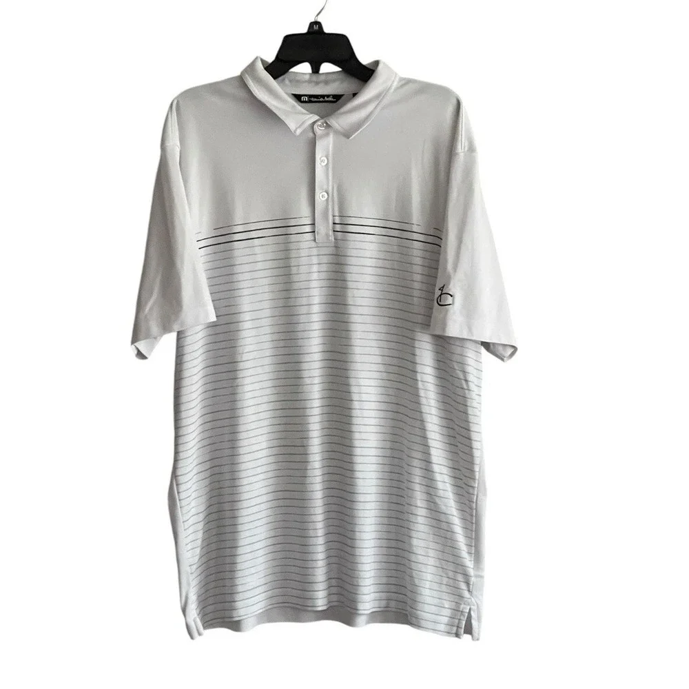 Travis Mathew Polo Collared Shirt White Blue Striped Mens 2XL Short Sleeve Golf
